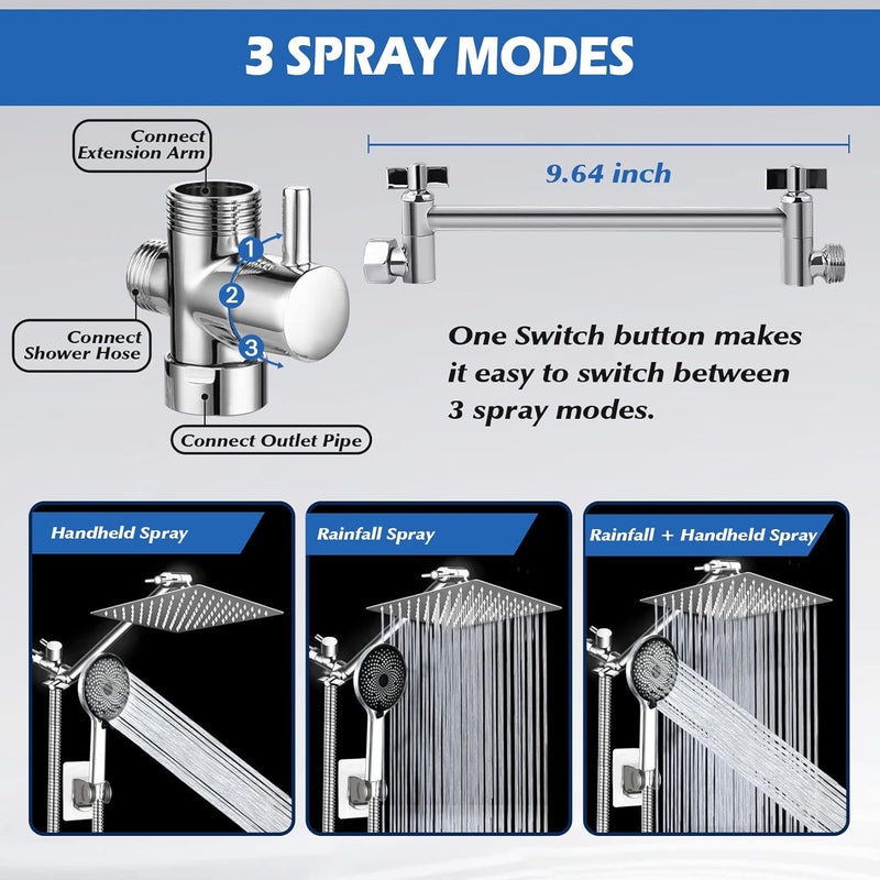 Ashwanth Shower Head,8”Rain Shower Head with Handheld Spray Combo with 11'' Angle Adjustable Extension Arm/Flow Regulator/Shower System,High Pressure Rainfall Shower Head Bathroom,Chrome - Image 3